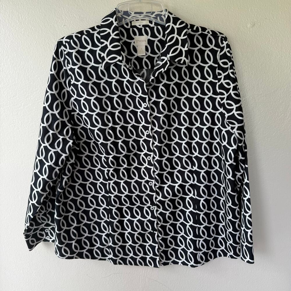 Chico’s No Iron Black White Geometric Button Front Shirt Women’s XL Stretch - Picture 2 of 9